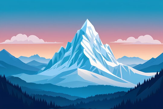 Majestic Snowy Mountain Landscape - Minimalist Digital Illustration of Alpine Peaks at Sunset with Vibrant Gradient Sky