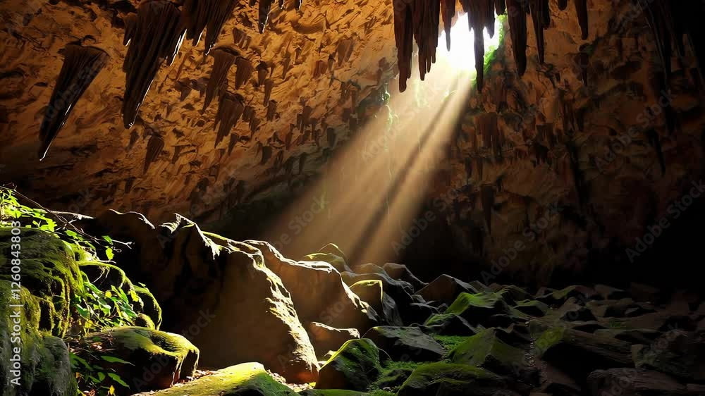 Poster sunlight filtering through cave ceiling illuminating mossy rocks with rays of light