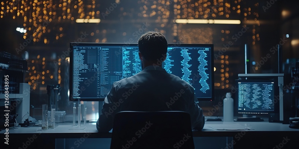 Poster data analyst working late in a high-tech lab surrounded by computer screens and dim lighting