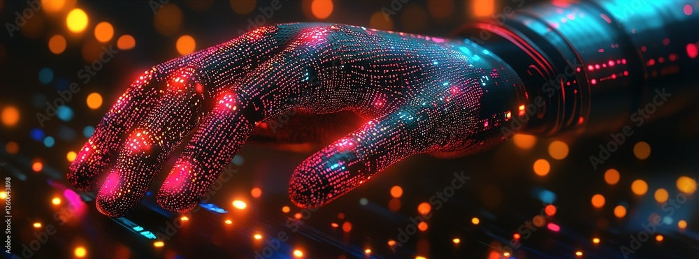 Aufkleber digital hand illuminated with vibrant lights interacts with futuristic keyboard at night in a high-t