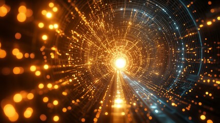 A futuristic tunnel of glowing lines and circuits, spiraling endlessly into a central point of white light.