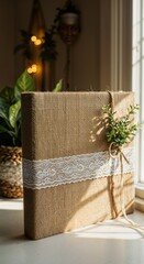 Rustic-style book with burlap and lace border, decorated with greenery, against a window with plants
