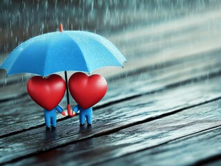 Two Cute Little Hearts Holding Hands Under an Umbrella in the Rain, Cartoon Style