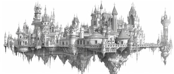 Elaborate fantasy drawing of a floating castle with sharp perspective, intricate details, surreal shading and upside-down reflection.