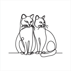 Single one line Two cats vector with continuous single one line art silhouette on white background
