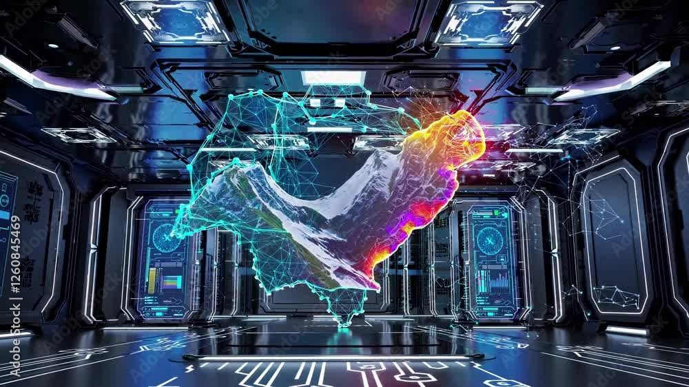 Poster virtual reality experience showcasing a 3d holographic map within a futuristic control room setting