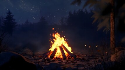 Glowing campfire illuminating the serene wilderness under a starry night sky casting a warm glow and inviting atmosphere in the remote natural landscape  Flames dancing embers glowing creating a cozy