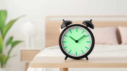 Naklejka premium Black alarm clock with a glowing green dial sits on a polished wooden table, with a bed behind it.