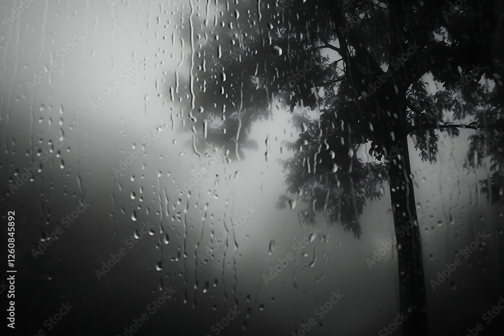 Poster raindrops on the window with silhouettes of trees in the background