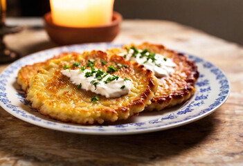 A macro shot of a traditional bowl of latkes placed under soft candlelight with a metallic menorah glimmering behind.