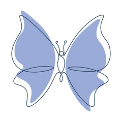 Butterfly single continuous line. Moth drawing with blue wings. Abstract icon. Silhouette insect in one line. Minimalistic vector doodle. Simple minimum illustration on white isolated background.