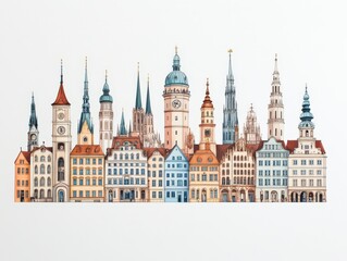 Fototapeta premium A colorful illustration of a city skyline featuring various architectural styles and towers, showcasing a charming urban landscape.