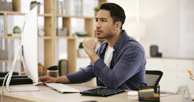 Frustrated, confused and businessman at computer with email, spam or 404 on cryptocurrency business website. Stress, online trading problem and man in office working on crisis in stock market crash.