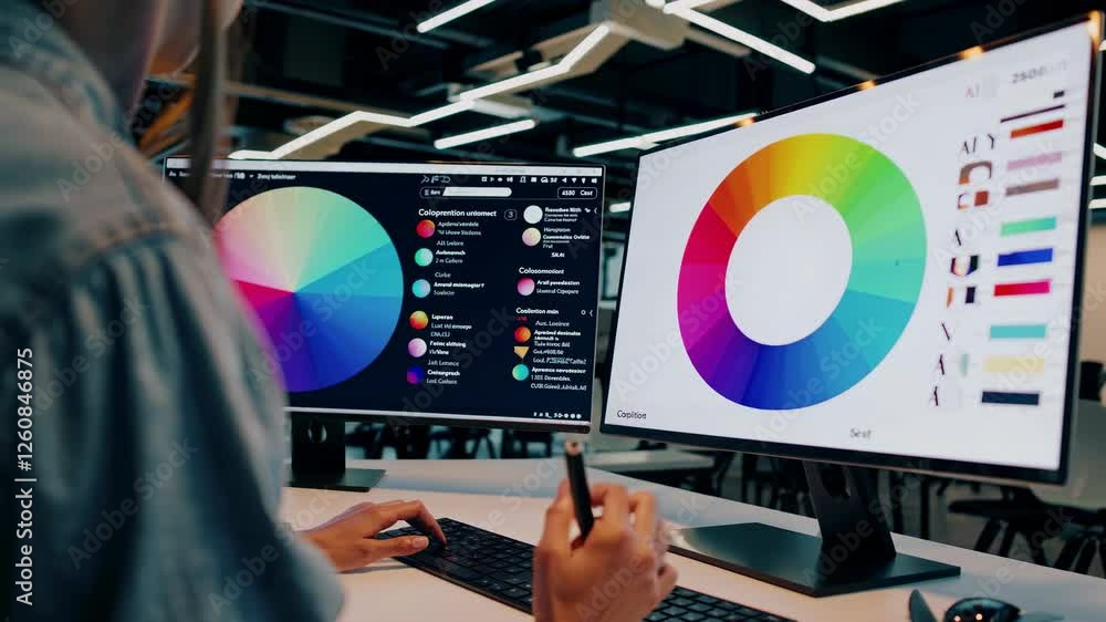 Poster Creative professional working on multiple screens in a modern office environment during the day