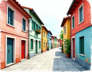 Fototapeta premium Colorful Houses on a Sunny Street, Italian Style Architecture, Charming Village, Vibrant Buildings.