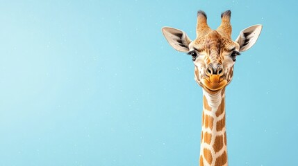 A close-up of a giraffe's head against a bright blue background, featuring its unique patterns and expressive eyes.