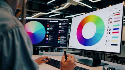 Creative professional working on multiple screens in a modern office environment during the day - Powered by Adobe