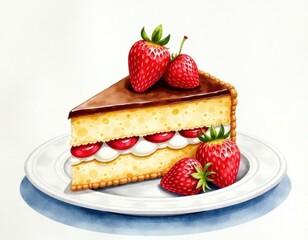Delicious Strawberry Shortcake Slice with Chocolate Glaze - Watercolor Illustration
