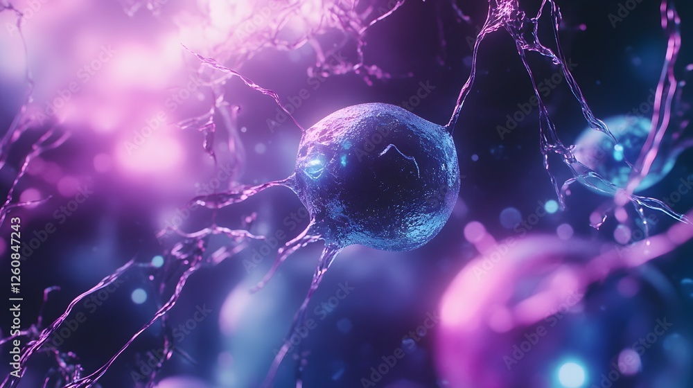 Poster Glowing cerebral neural network abstract futuristic technology backdrop with electric synaptic connections digital neuron cells and vibrant neon color particles