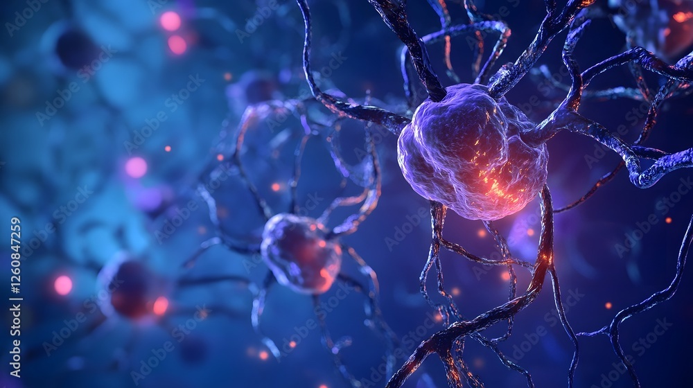 Poster Glowing Colorful Neural Network of Futuristic Brain Cells and Synapses  Abstract digital of a complex and dynamic neurological system with illuminated neurons axons