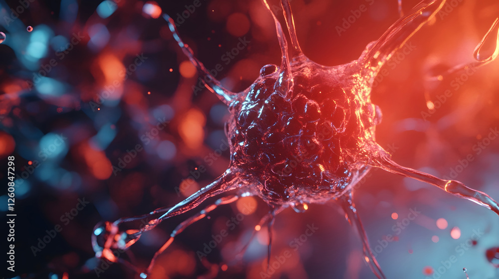Poster glowing conceptual of a neural synapse in red and blue tones representing the electrical impulses an