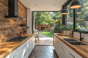 Modern scandinavian kitchen design with white cabinetry serene garden interior photography minimalist style natural light