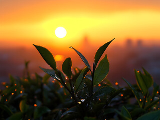 Sunset with Dew-Covered Green Leaves in Sharp Focus

