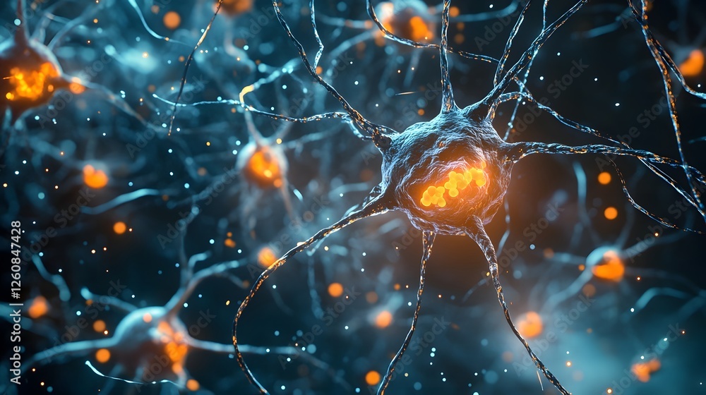 Aufkleber Glowing Electrical Impulses in a Neural Network of the Brain  Microscopic view of the complex neurological structure and signaling pathways within the human brain