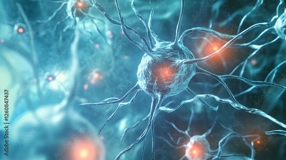 Poster glowing electric synaptic neuron network in abstract blue environment digital 3d of a complex neural