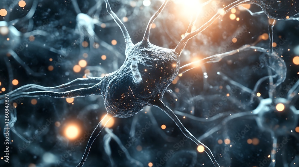 Poster Glowing Fractal Neural Network   Conceptual Microscopic Brain Cell Structure showcasing the intricate and complex connections within the central nervous system