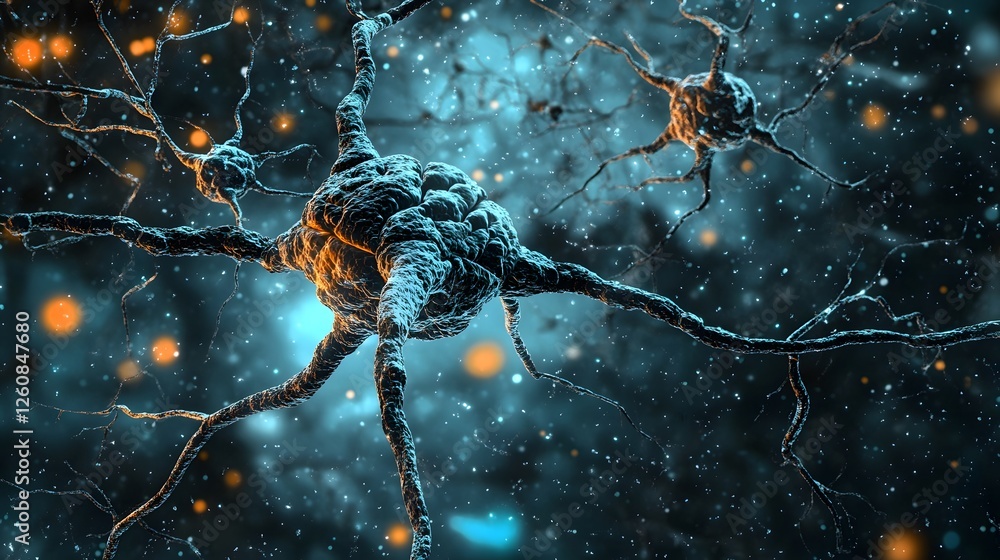 Aufkleber Glowing fluorescent neurons and a complex neural network illuminated in a futuristic digitally cerebrum