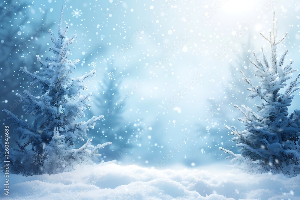 Poster christmas background with fir tree branches and pine cones on snow with bokeh lights
