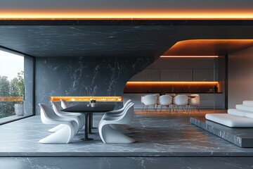 Sleek black dining space with high fidelity design modern home interior minimalist environment contemporary viewpoint