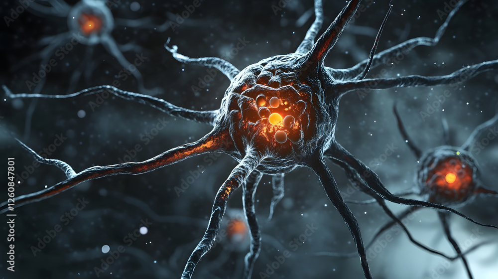 Poster Glowing illuminated neurons firing electric impulses and transmitting signals through a complex futuristic looking neural network