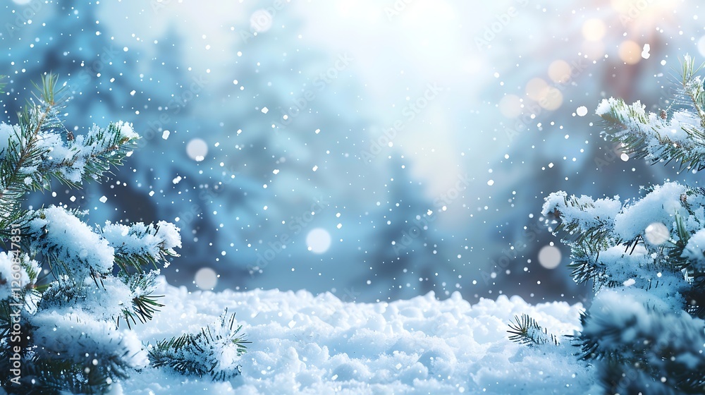 Poster christmas background with fir tree branches and pine cones on snow with bokeh lights