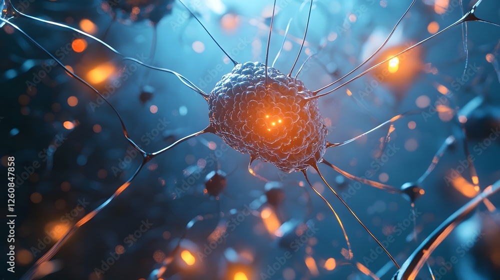 Poster Glowing Interconnected Neurons in a Futuristic Digital Brain Network  Abstract microscopic view of a neural system with electric signals and synapse connections
