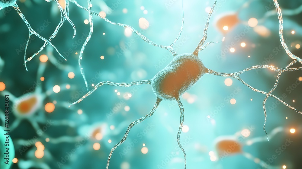 Poster Glowing microscopic image of a neural network displaying the complex interconnections and electrical communication of neurons representing advancements in intelligence data technology