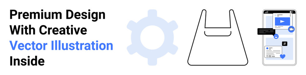 Shopping bag line art, gear symbol, and smartphone interface showcasing creative ideas. Ideal for e-commerce, technology, digital apps, shopping, innovation, services and flat landing page banner