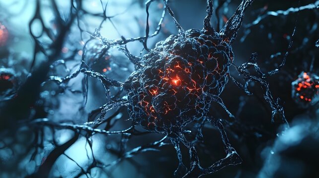 Glowing nerve cell or neuron with intricate neural network structure in an abstract digital microscopic background  Conceptual of medical science healthcare or neuroscience research