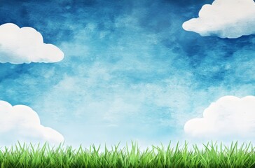 Hand-Drawn Green Grass Border with Blue Sky Background in Cartoon Style