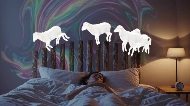 Restless nighttime scene showing white sheep jumping wooden fence over slumbering man, visualizing mental struggle with sleep challenges and inner anxiety