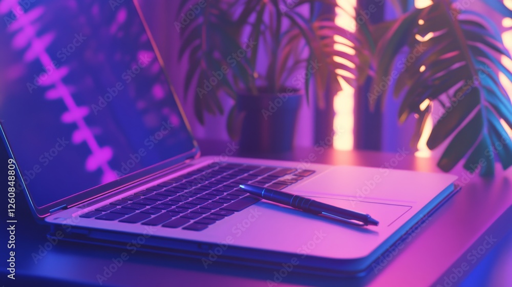 Poster a sleek laptop and pen bathed in neon light: a modern workspace aesthetic with indoor plants adding 
