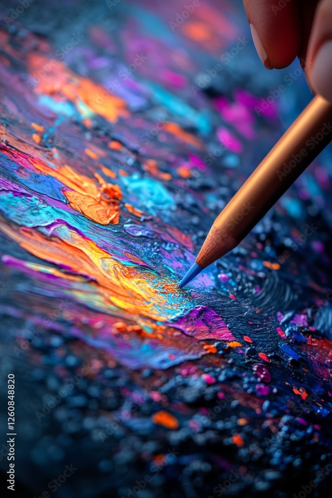 Poster artistic creation: a detailed close-up of a hand using a blue colored pencil to add intricate detail