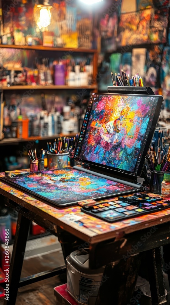 Poster a vibrant artist's workspace: digital canvas and traditional tools converge in a burst of creative c