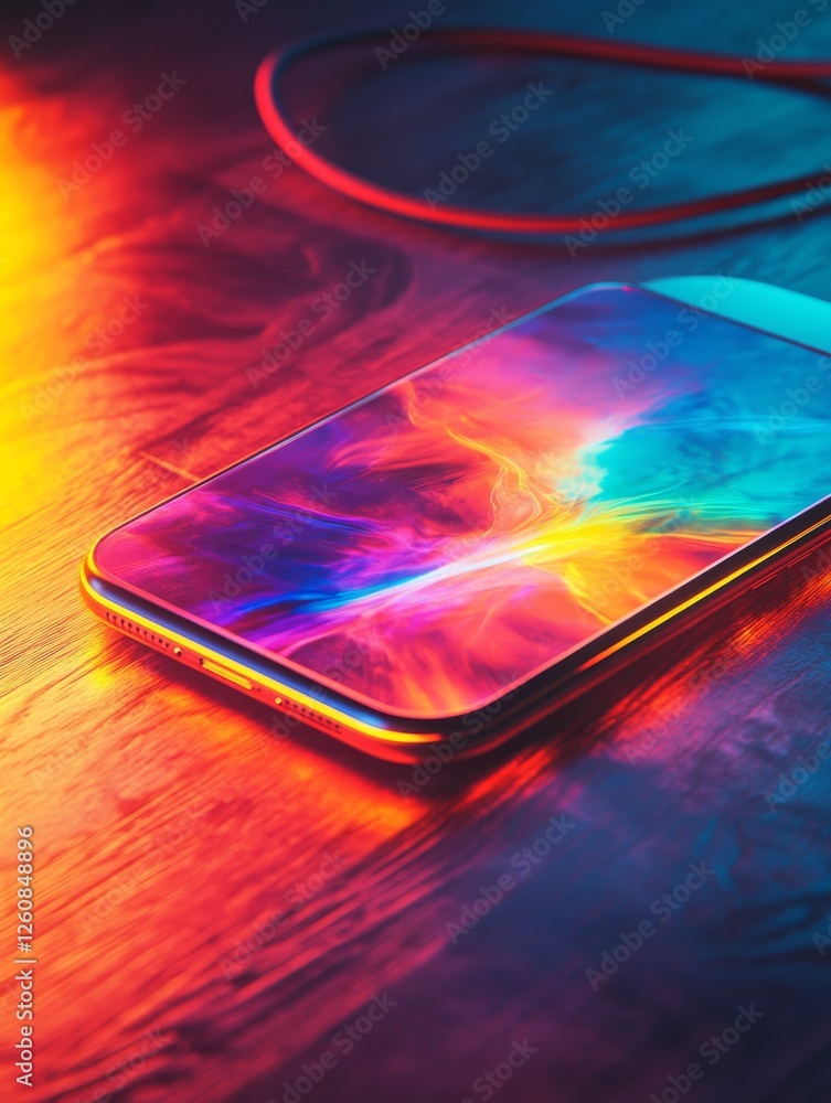 Poster A Vibrant Smartphone Display: Abstract Colors Dancing on a Modern Device, with a Dynamic Wood Grain Background and a Red Cable Accent, creating a Techno-Artistic Composition