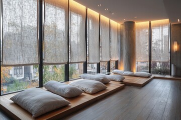 Tranquil meditation space with tatami mats urban setting interior design minimalist environment serene viewpoint calm concept