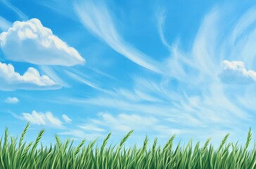 Hand-Drawn Green Grass Border with Blue Sky Background in Cartoon Style