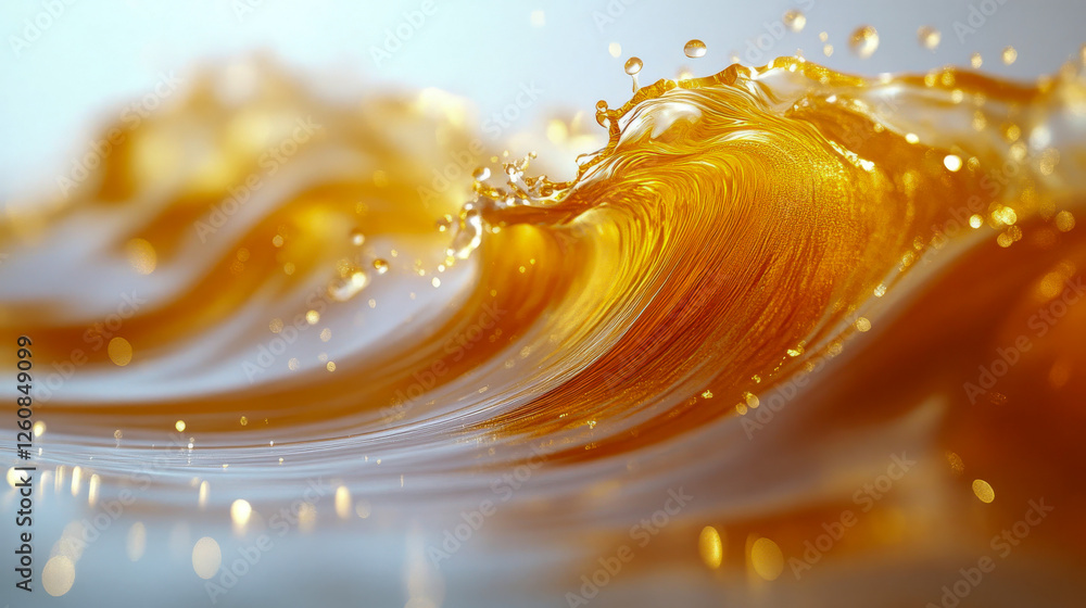 Poster a dynamic splash of golden liquid with glowing bokeh lights, creating a luxurious, abstract aestheti
