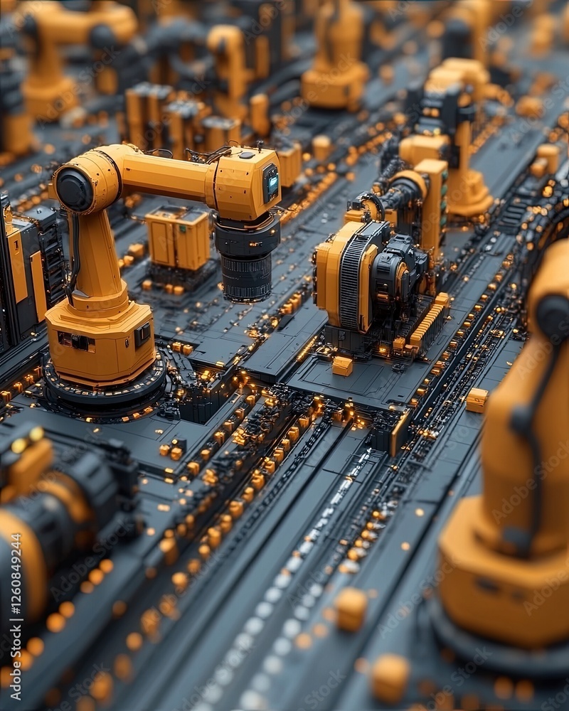 Poster a detailed view of robotic arms on a circuit board, showcasing advanced technology and automation in