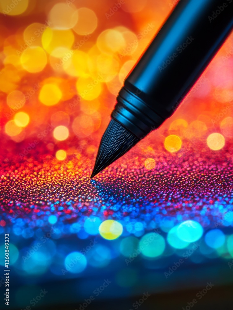 Poster Creative Spark: Brushstrokes of Light on a Canvas of Glittering Bokeh, an Artist's Touch Infusing Vivid Colors onto a Shimmering Surface with Precision and Imagination.